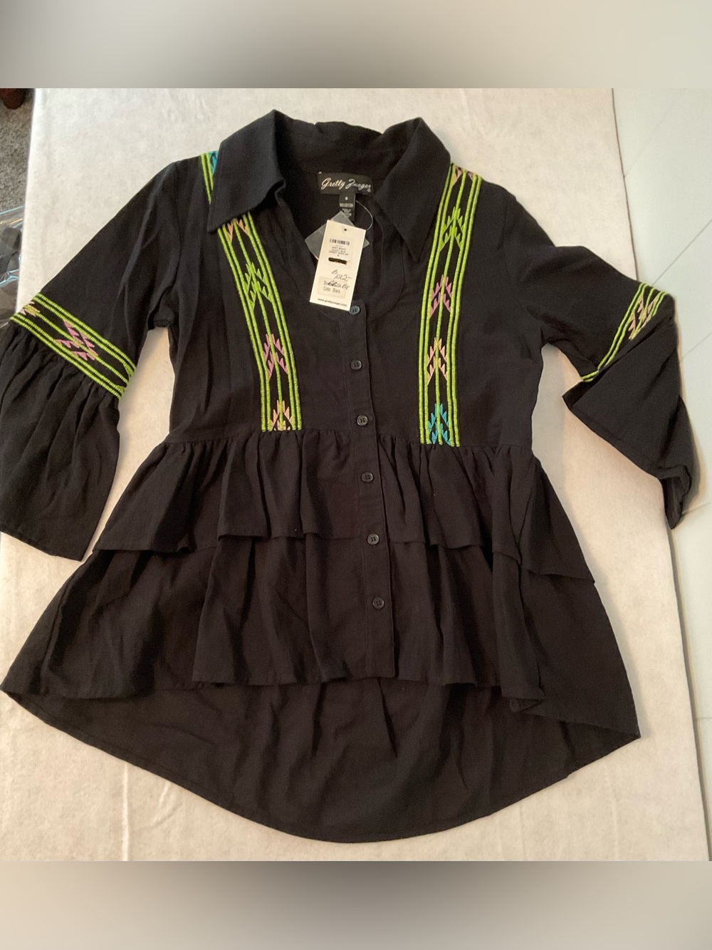 Gretty Zueger black Embroidered Ruffle Tunic Blouse